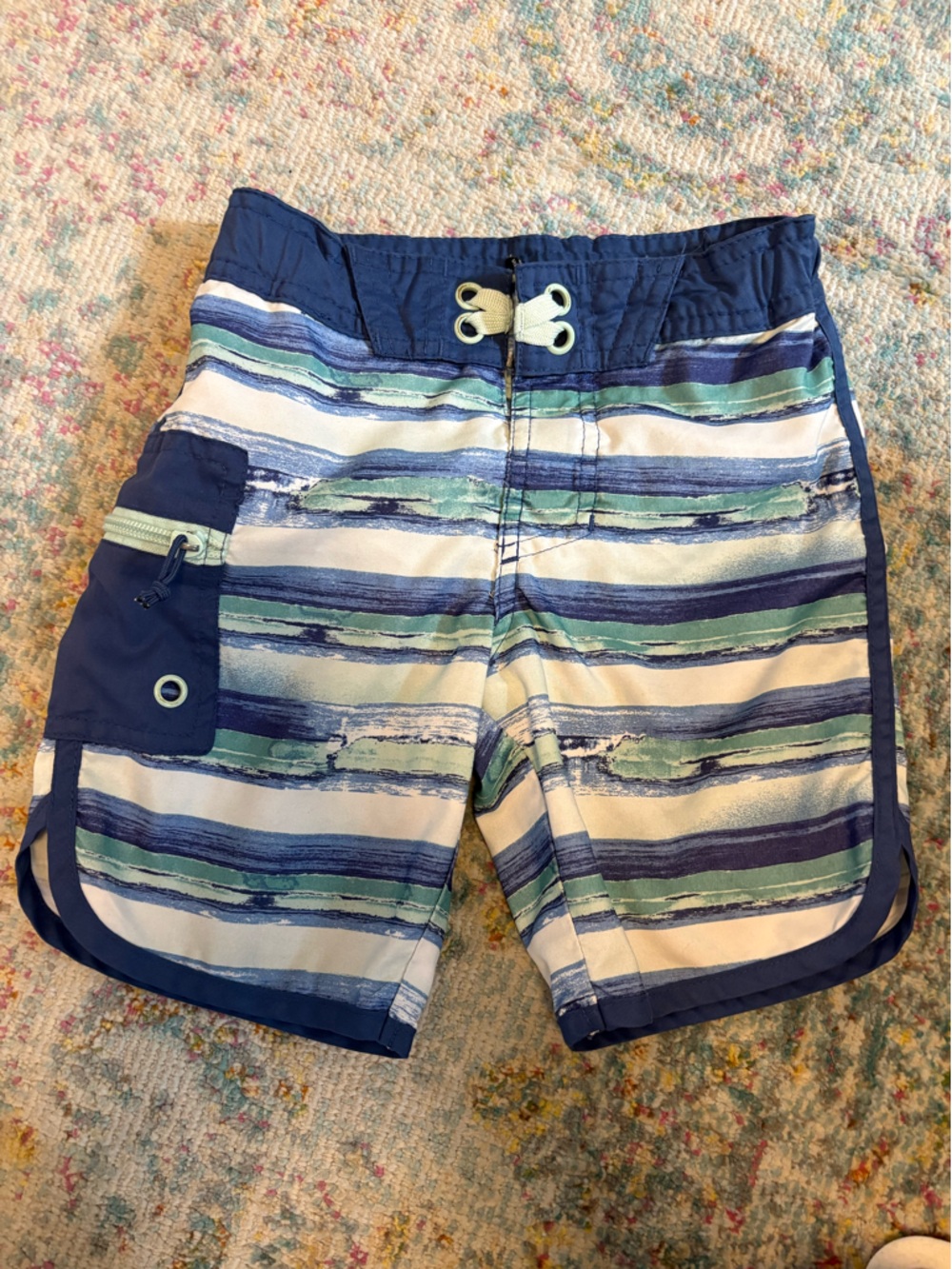 Boys Size 4 Blue &White Lined Adjustable Swimsuit Swim Trunks with Pocket